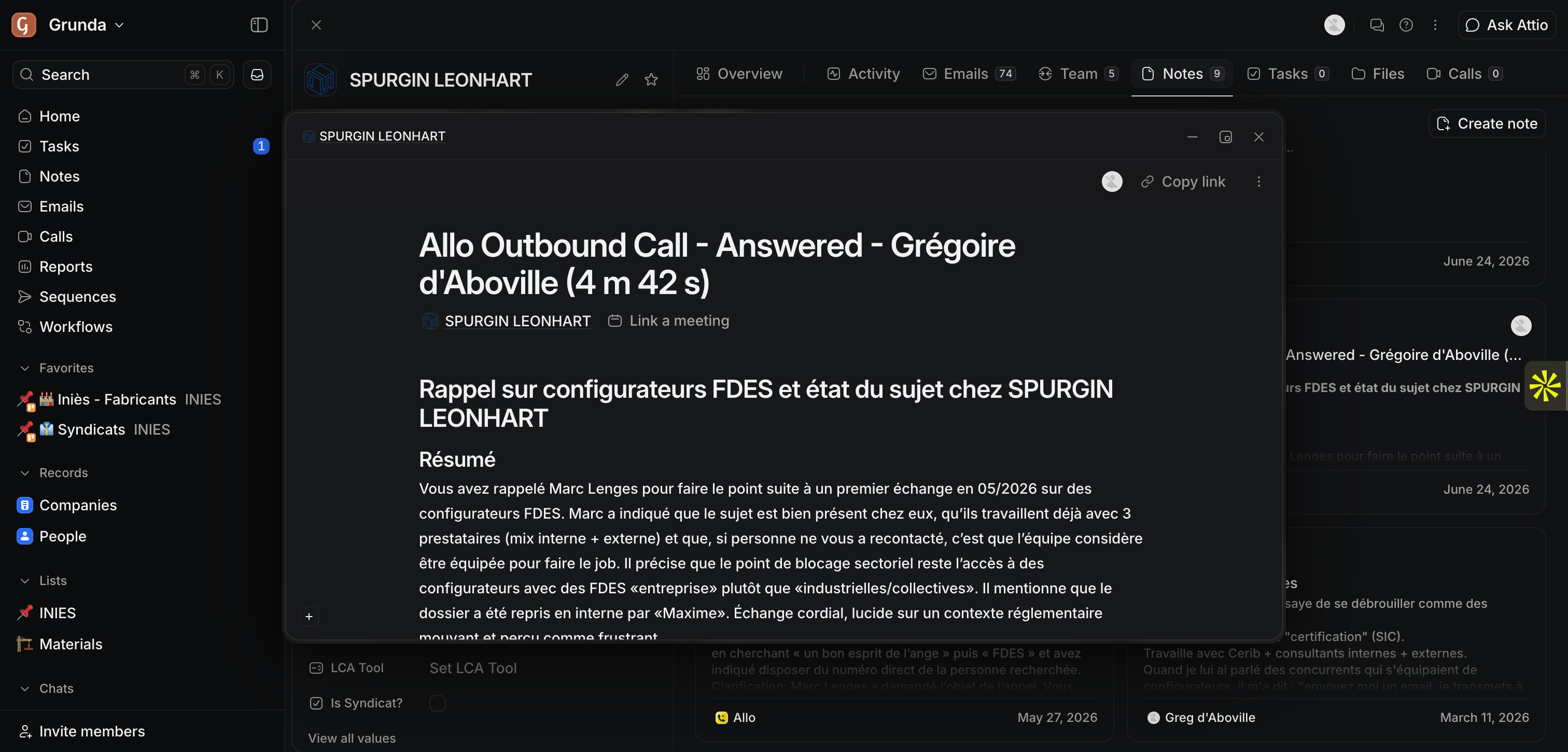 A call transcript synced in the Attio CRM